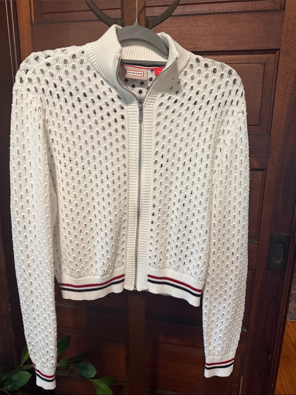 Hunter White Open-Knit Zip Bomber with Stripe Trim